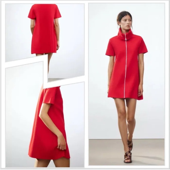 ZARA Red Short Sleeve Zipper Collar Dress Mini A-Line Size M - Picture 3 of 8